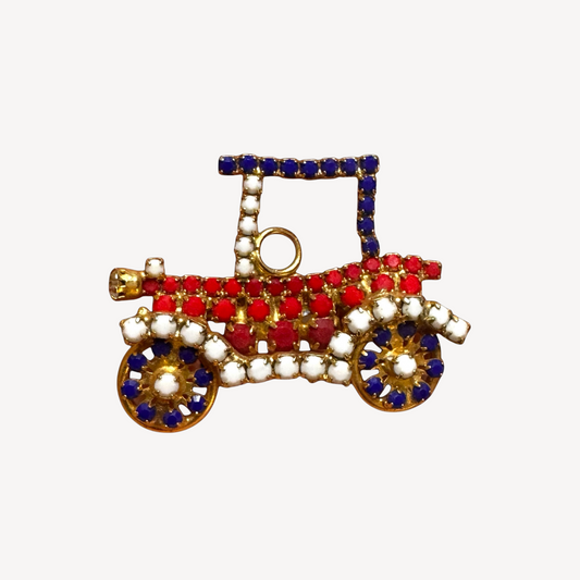 Vintage rhinestone Model T car brooch – red white blue patriotic Americana novelty pin, 1960s mid-century costume jewelry
