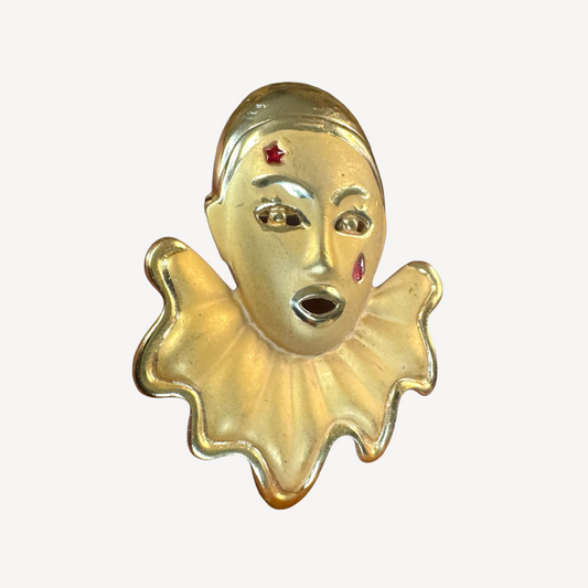 Vintage 1980s Pierrot clown brooch – gold tone sad clown pin with enamel star & teardrop, art deco revival