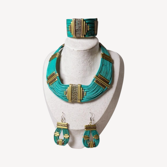 Vintage Alexis Kirk leather and brass jewelry set – statement choker, cuff, and earrings, rare 1980s collectible