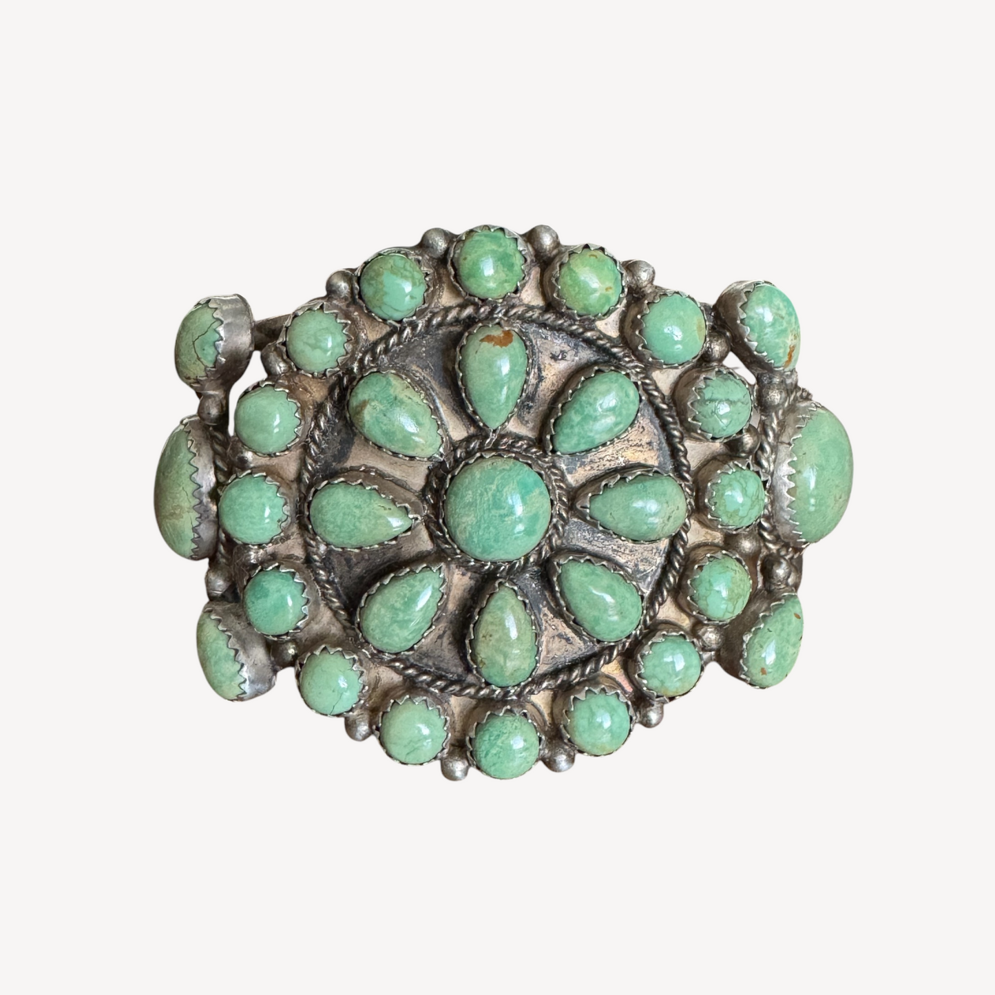 Vintage Running Bear Navajo sterling silver Royston turquoise cluster cuff bracelet – handcrafted Native American jewelry, 35.91g