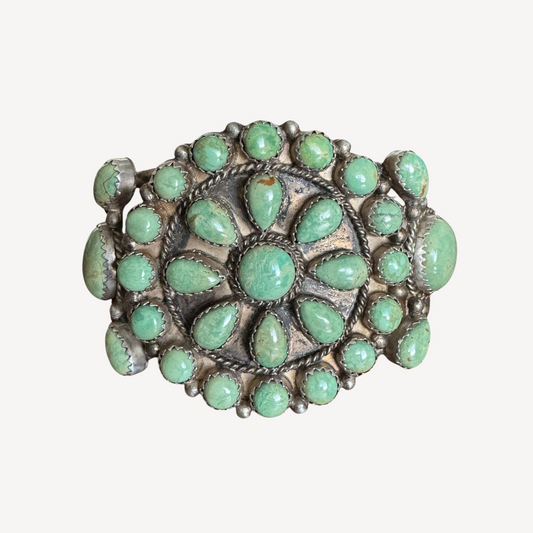 Vintage Running Bear Navajo sterling silver Royston turquoise cluster cuff bracelet – handcrafted Native American jewelry, 35.91g