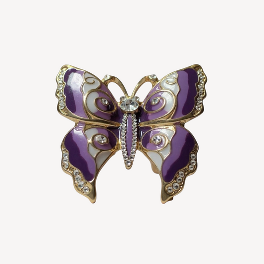Vintage Sarah Coventry purple enamel butterfly brooch – rhinestone figural insect pin, 1970s–1980s