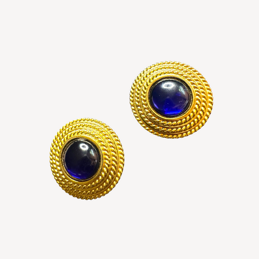 Vintage Joan Rivers Clip-On Earrings – Chunky Gold-Tone Braided Button with Cobalt Blue Cabochon
