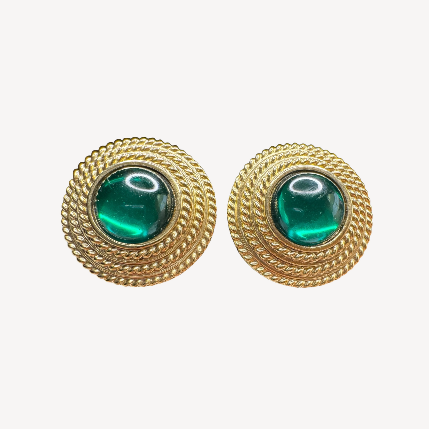 Vintage Joan Rivers Clip-On Earrings – Chunky Gold-Tone Braided Button with Green Cabochon