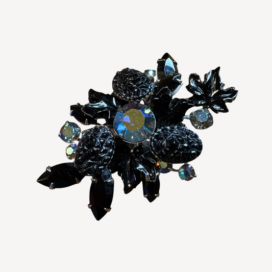 Vintage 1960s Judy Lee Maple Leaf Brooch – Mulberry Black Lava Glass & Aurora Borealis Rhinestones