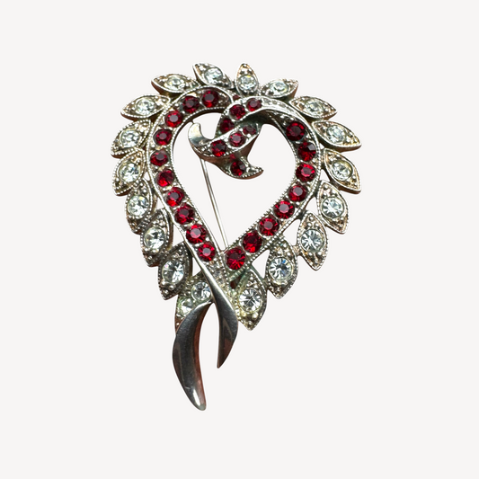 Vintage Heart Brooch Pendant – Ruby Red & Diamanté Rhinestones, Alfred Philippe Style (Unsigned Trifari)