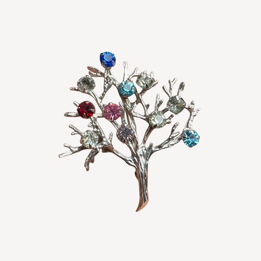 Sterling Silver Tree of Life Brooch – Signed DCE – Vintage Nature-Inspired Jewelry with Multi-Colored Rhinestones