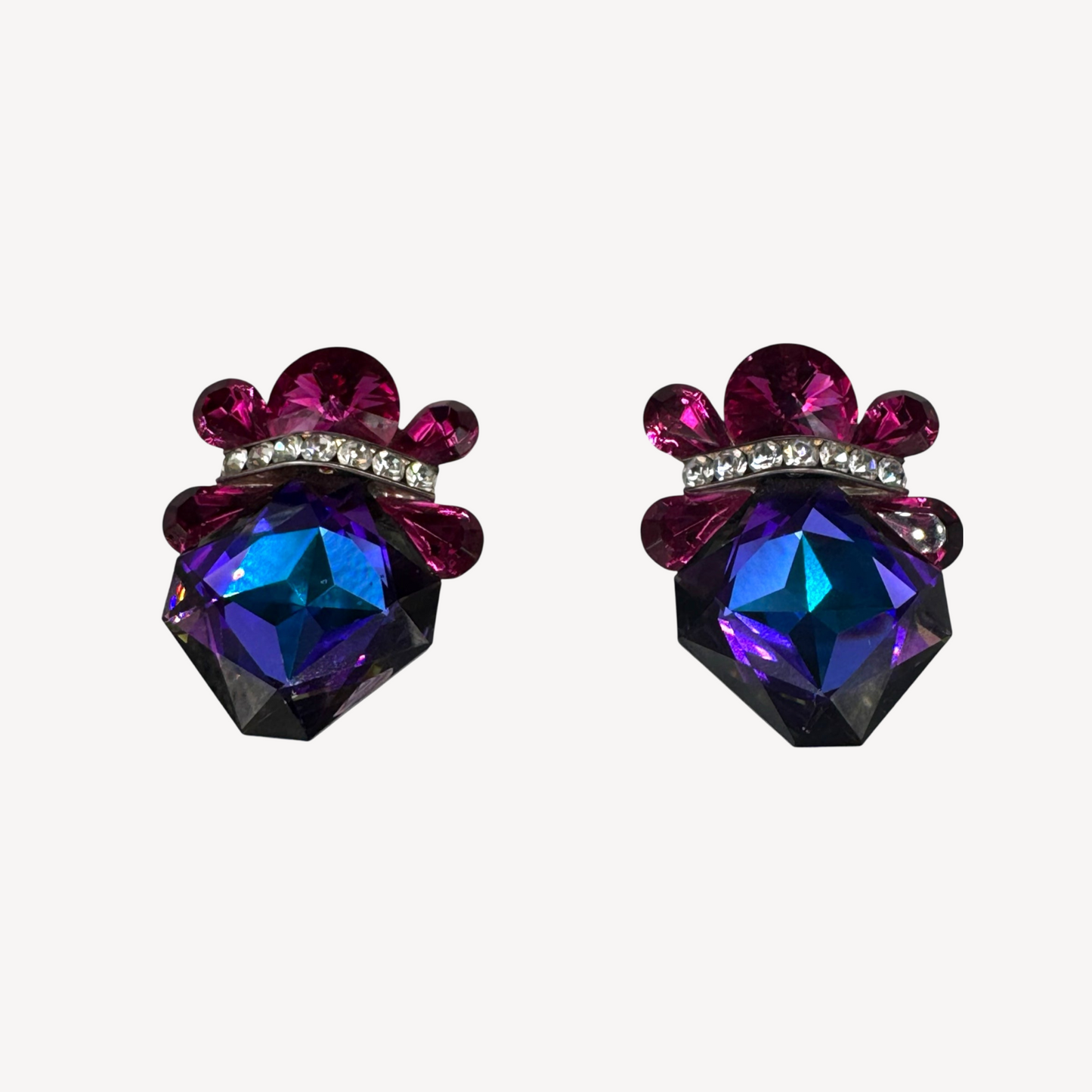 Wendy Gell “Nelly” 1980s Statement Clip-On Earrings – Swarovski Crystal, Signed Vintage