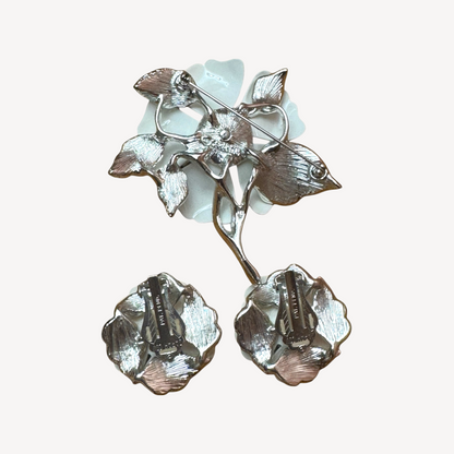 Vintage 1960s Sarah Coventry White Enamel 3D Flower Brooch & Clip-On Earrings Set – Signed