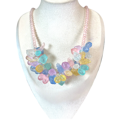 Vintage 1950s fruit salad necklace – frosted pastel plastic fruit clusters on pink beads